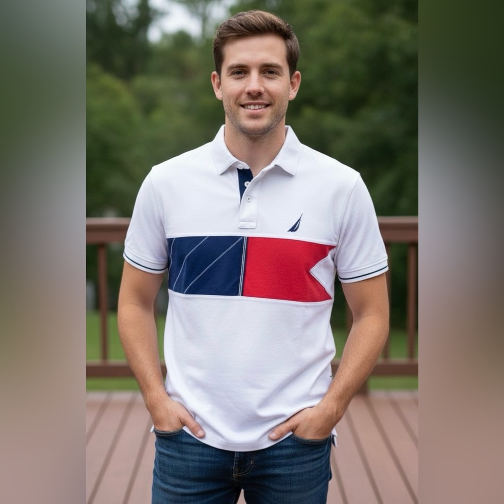 Nautica white/red/blue short sleeved polo, blue trim, side small slits, size Lg